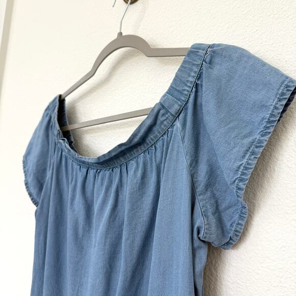 KUT Chambray Off Shoulder Dress Blue Tencel Size 6 Pockets Casual Summer - Picture 2 of 7